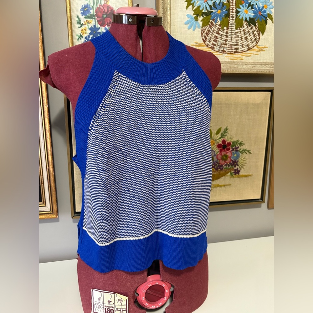 WILFRED Blue and White Knit Sleeveless Top